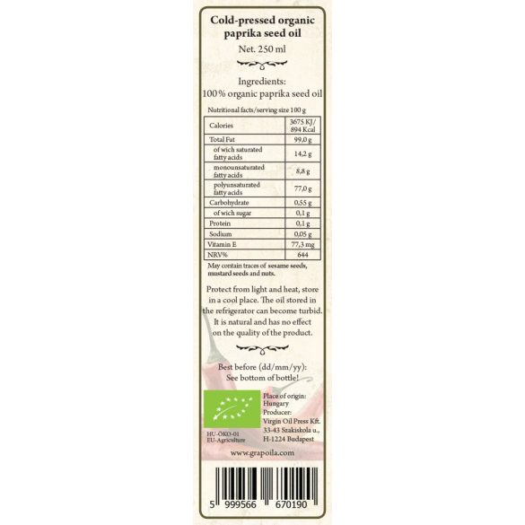 Paprika Seed Oil ORGANIC 250 ml 