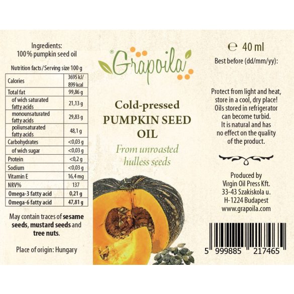Pumpkin seed oil 40 ml PET from unshelled pumpkin seeds